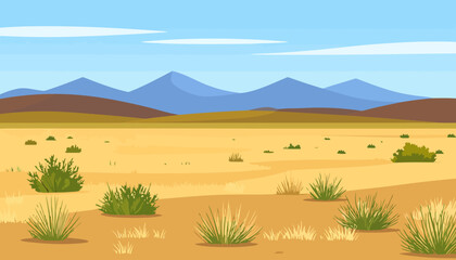 Flat vector illustration of an arid desert landscape with green bushes, sandy plains, and distant blue mountains.