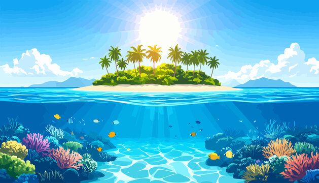 Split-view of a sunny tropical island and vibrant underwater coral reef with colorful fish.