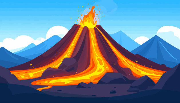 Vibrant illustration of an erupting volcano with fiery orange lava flows and sparks.
