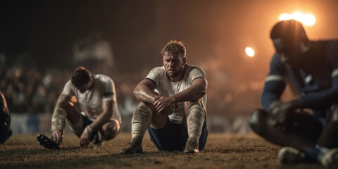 Rugby players resting on muddy field under stadium lights at night