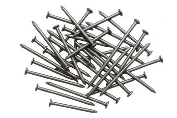 Heap of Silver Metal Nails with Sharp Points and Flat Heads, Isolated on a Dark Background