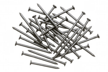 Heap of Silver Metal Nails with Sharp Points and Flat Heads, Isolated on a Dark Background
