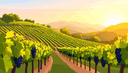 Lush vineyard on rolling hills with ripe purple grapes at sunset.