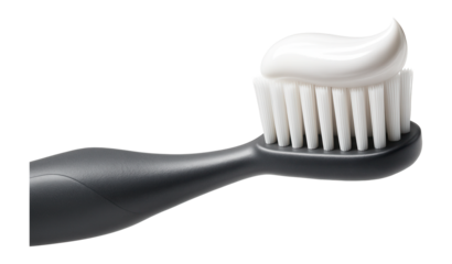 Black toothbrush with white toothpaste neatly applied to the bristles on transparent background.