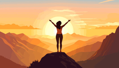 Dark silhouette of a woman with wavy hair, her arms raised in a triumphant V-pose.