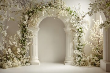 White archway adorned with blossoming flowers and vines