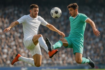 Intense soccer match with players contesting ball mid-air in dynamic action