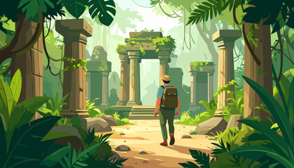 Male explorer with a backpack walking towards ancient stone ruins deep within a lush jungle.