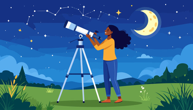 Smiling woman with long wavy hair and yellow shirt looking through a telescope on a tripod.