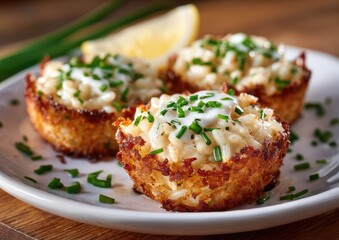 Three miniature, crispy risotto cups, topped with a creamy sauce and fresh herbs, sit on a white plate.  A lemon slice and chives are visible
