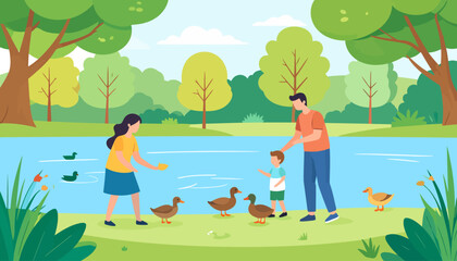 Fototapeta premium A young family, including a mother, father, and son, happily feeding ducks by a tranquil pond.