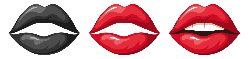 Red lips icons. Glossy cartoon mouth expressions with lipstick and teeth on transparent background