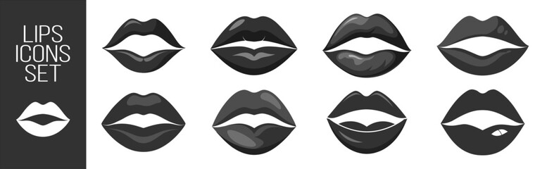 Glossy lips icon set with cartoon expressions on transparent background