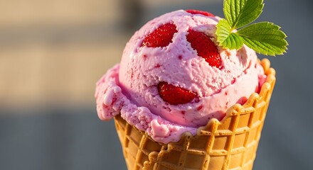 Delightful strawberry ice cream cone with fresh strawberries and green leaf garnish