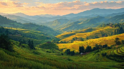 Naklejka premium Golden terraced rice paddies at sunrise, nestled in a valley with distant mountains. Lush green and golden hues paint the landscape