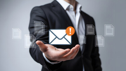 Professional businessman holding glowing email notification and documents, symbolizing important business communication and data management in a modern digital world.