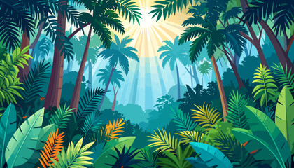 Fototapeta premium Vibrant stylized jungle landscape with lush palm trees and tropical foliage under bright sun rays.