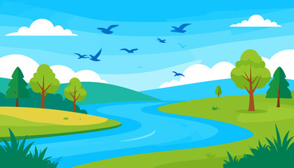 Fototapeta premium Serene cartoon landscape with a winding river, green hills, trees, and birds under a blue sky.