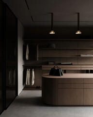 Walk-in closet with dark wood island, ambient pendant lights, and hanging neutral-colored clothes.