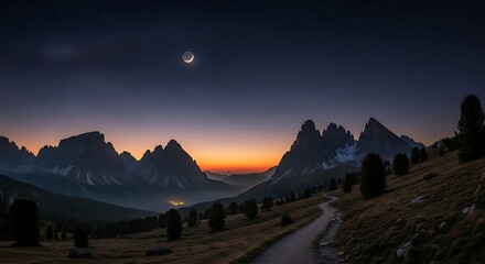 Dramatic alpine landscape at dusk with the moon and starry sky above the mountains