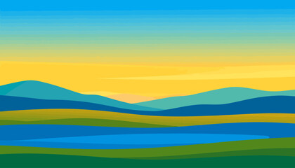 Obraz premium Colorful minimalist landscape with layered rolling hills, mountains, and a vibrant golden sky.