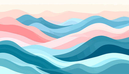 Stylized rolling landscape with layered, flowing curves in shades of blue, teal, and soft pink.
