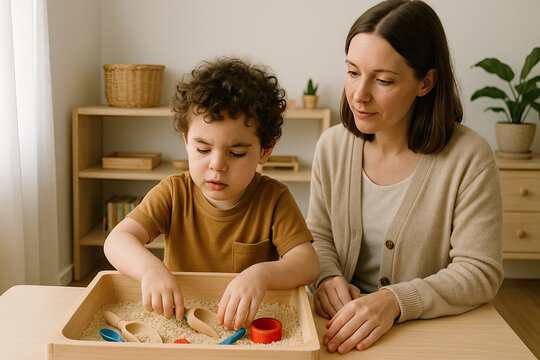 Neurodivergent child hands on learning with sensory bin caregiver guiding Montessori inspired home soft daylight clean modern styling