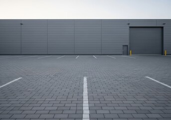 Empty Industrial Parking Lot - An empty parking lot in front of a large gray industrial building with a closed loading dock door