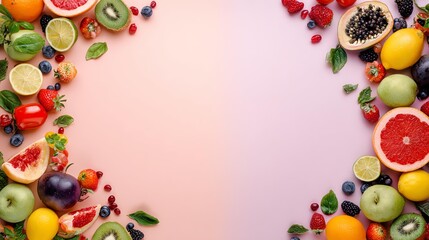 Healthy food background Colorful fruits arranged on a gradient background.