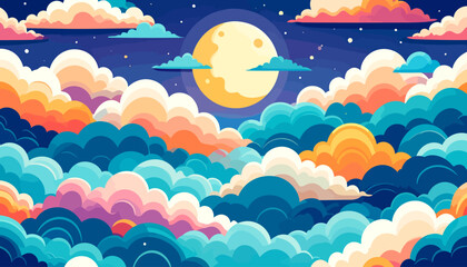 Dreamy Nightscape Illustration with a Full Moon and Colorful Stylized Clouds