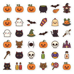Cute Halloween Icon Set — Flat Cartoon Vector Child-Friendly Style