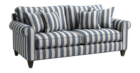 Blue and white striped fabric sofa with matching cushions and dark wooden legs on transparent background.