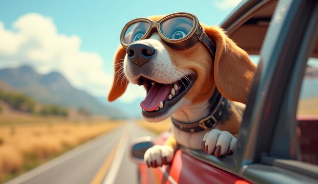 A happy dog wearing sunglasses leans out of a car window as it cruises along an open road. The bright sun and beautiful landscape enhance the carefree vibe of the journey
