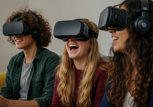 Three friends laughing and enjoying virtual reality headsets together