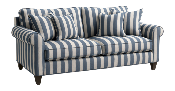 Blue and white striped fabric sofa with matching cushions and dark wooden legs on transparent background.