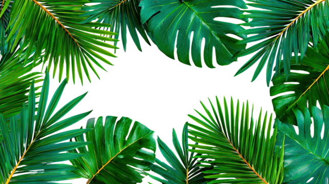 Tropical Foliage Frame: A vibrant assortment of lush, green tropical leaves forms a natural frame, perfect for adding a touch of exotic freshness and creating visual appeal.