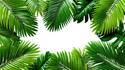 Fototapeta premium Tropical Leaves Frame: Fresh green tropical leaves, meticulously arranged in a natural frame, invite viewers to explore a botanical oasis of vibrant foliage and natural beauty.