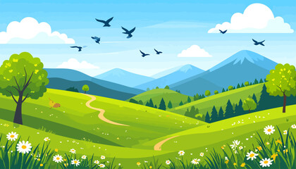 Fototapeta premium Vibrant cartoon landscape of a summer valley with rolling green hills, a winding path, flowers, and distant blue mountains.