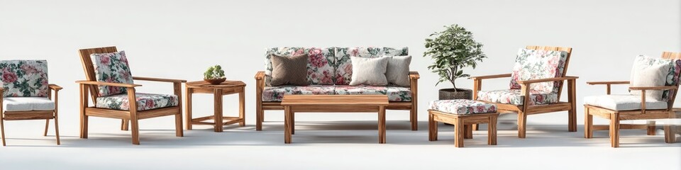 Outdoor teak wood furniture set with floral cushions