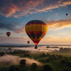 Naklejka premium Sunrise Serenity Hot Air Balloons Floating Over Foggy Landscape Beautiful Sky