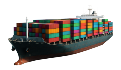 Large cargo ship loaded with colorful shipping containers, symbolizing global trade and logistics on transparent background.
