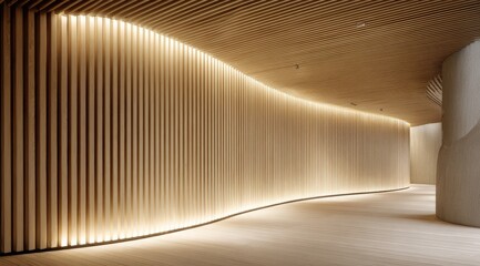 Modern, light-filled hallway with curved, light-lined wood wall