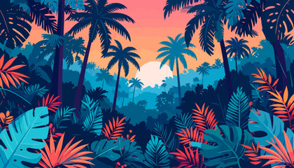 Vibrant tropical jungle illustration with palm trees and colorful foliage against a sunset sky.