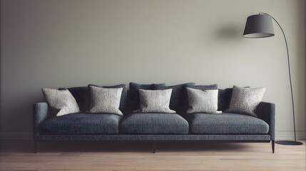 A contemporary sofa with textured pillows in a minimalist living space, creating a cozy and inviting atmosphere.