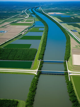 Flood control with levees and reservoirs protecting from high waters.