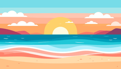 Obraz premium Stylized beach sunset illustration with a vibrant sky, calm ocean waves, and distant mountains.
