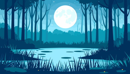 Enchanting night scene of a silhouetted forest and pond under a large, bright full moon.