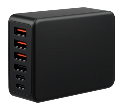 Black multi-port USB charger with six charging ports, including USB-A and USB-C, designed for efficient charging of multiple devices on transparent background.