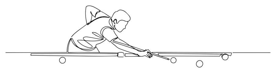 one single line drawing of a young man playing billiard or pool game