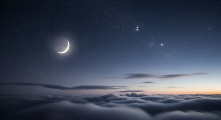 Fototapeta premium Serene crescent moon and starry night sky over a tranquil sea of clouds